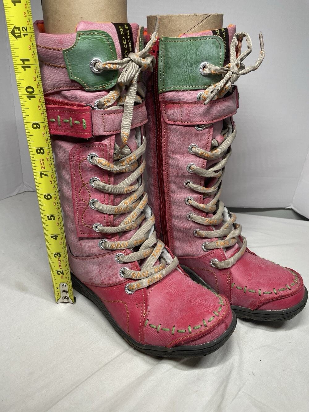 TMA Eyes Upper Lace Up Faux Fur Lining Mid Calf Women's Boots EU 39 Pink